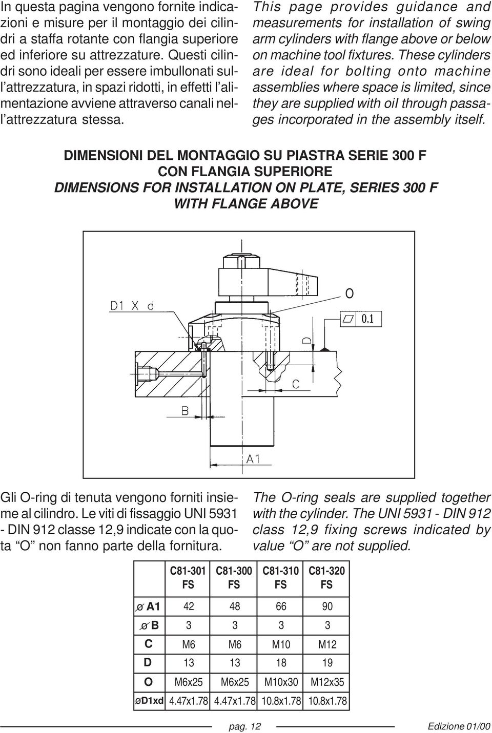 This page provides guidance and measurements for installation of swing arm cylinders with flange above or below on machine tool fixtures.