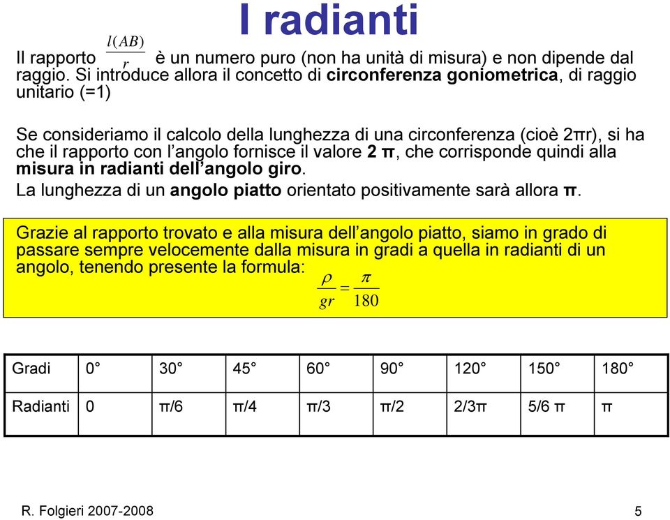 con l angolo fornisce il valore 2 π, che corrisponde quindi alla misura in radianti dell angolo giro. La lunghezza di un angolo piatto orientato positivamente sarà allora π.