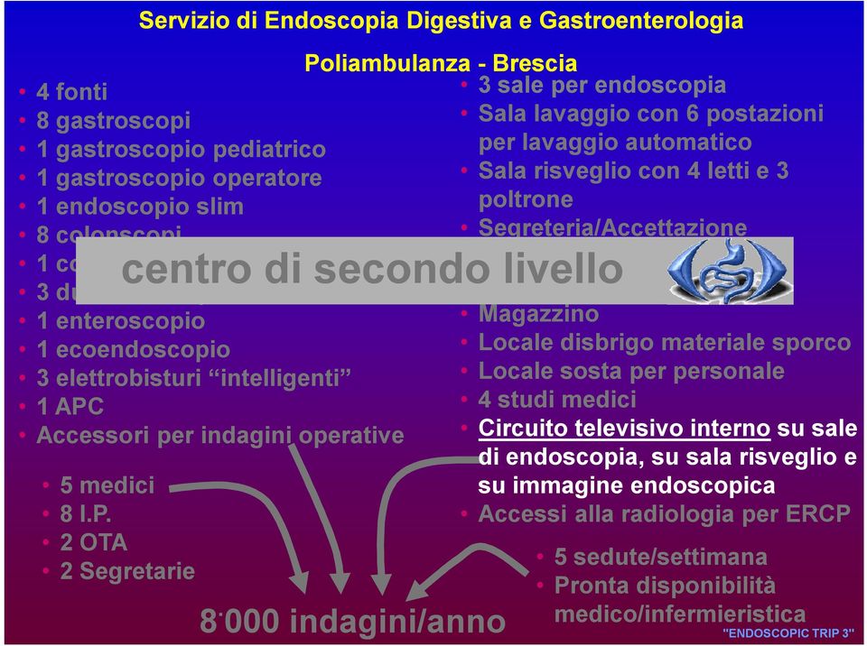 000 indagini/anno Brescia 3 sale per endoscopia Sala lavaggio con 6 postazioni per lavaggio automatico Sala risveglio con 4 letti e 3 poltrone Segreteria/Accettazione Sala d attesa Locale consegna