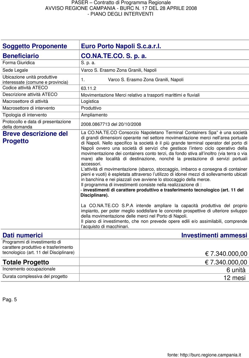 2 Descrizione attività ATECO Movimentazione Merci relativo a trasporti marittimi e fluviali Macrosettore di attività Logistica Macrosettore di intervento Tipologia di intervento Protocollo e data di