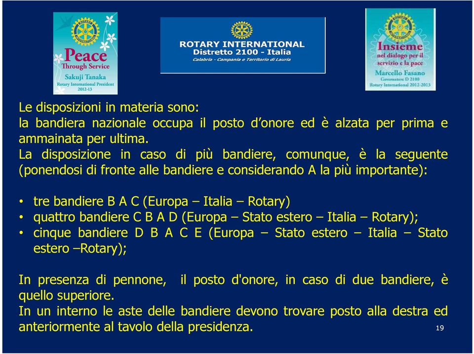 (Europa Italia Rotary) quattro bandiere C B A D (Europa Stato estero Italia Rotary); cinque bandiere D B A C E (Europa Stato estero Italia Stato estero Rotary);