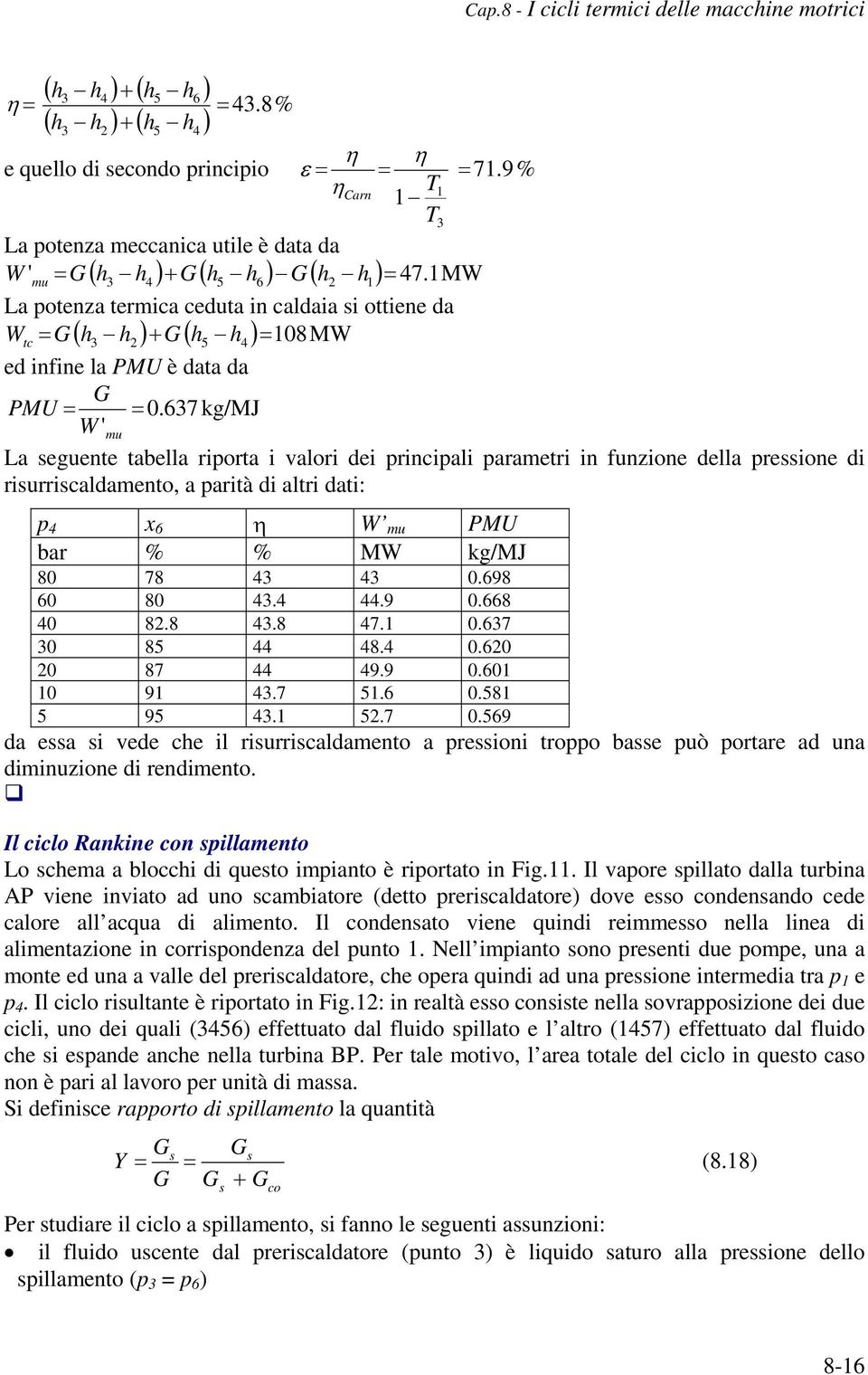 67 kg/mj La seguente tabella riorta i valori dei rinciali arametri in funzione della ressione di risurriscaldamento, a arità di altri dati: x 6 η W mu PMU bar % % MW kg/mj 80 78 0.698 60 80..9 0.