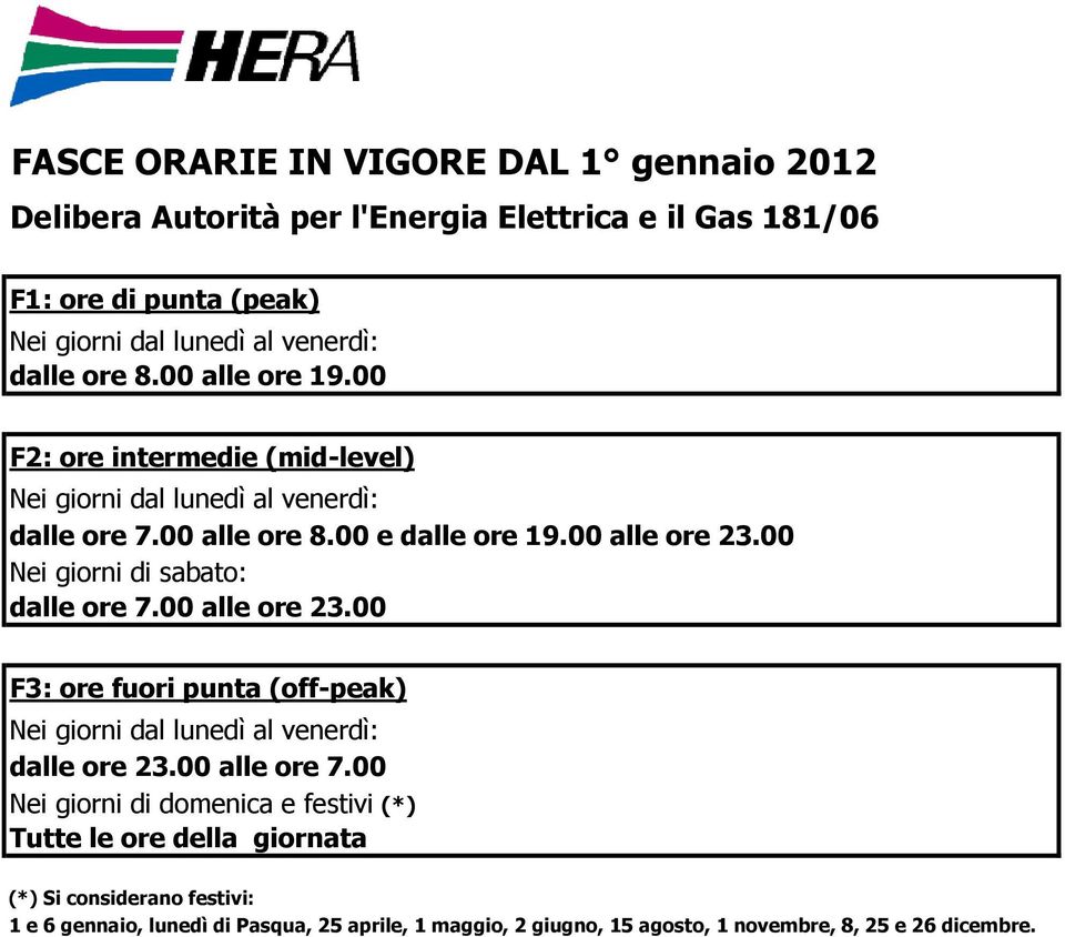 00 Nei giorni di sabato: dalle ore 7.00 alle ore 23.00 F3: ore fuori punta (off-peak) Nei giorni dal lunedì al venerdì: dalle ore 23.00 alle ore 7.