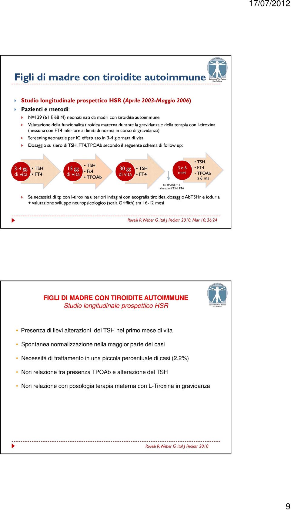 3-4 giornata di vita Dosaggio su siero di TSH, FT4, TPOAb secondo il seguente schema di follow up: 3-4 gg di vita TSH FT4 15 gg di vita TSH Ft4 TPOAb 30 gg di vita TSH FT4 3 e 6 mesi TSH FT4 TPOAb a