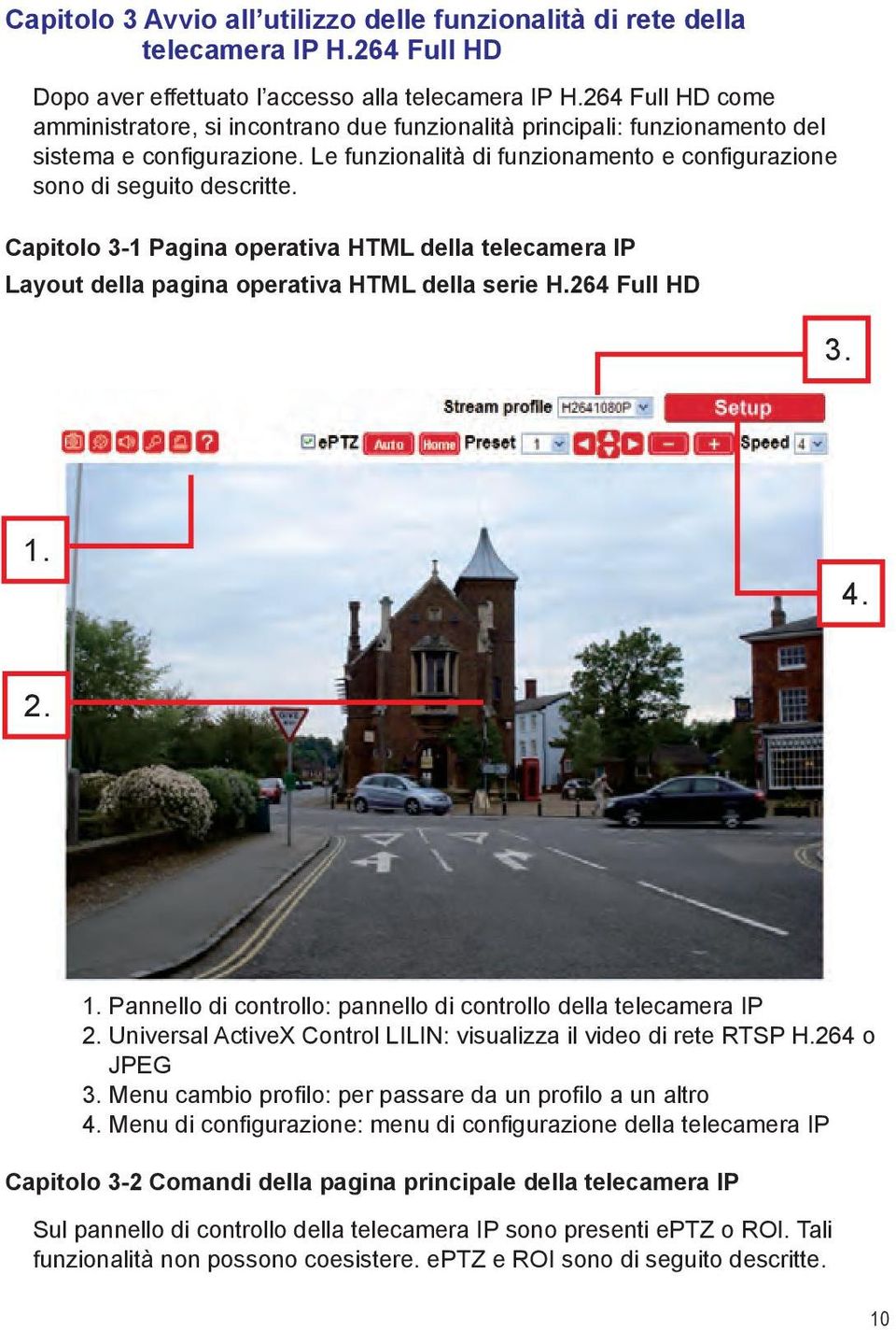 Capitolo 3-1 Pagina operativa HTML della telecamera IP Layout della pagina operativa HTML della serie H.264 Full HD 3. 1. 4. 2. 1. Pannello di controllo: pannello di controllo della telecamera IP 2.