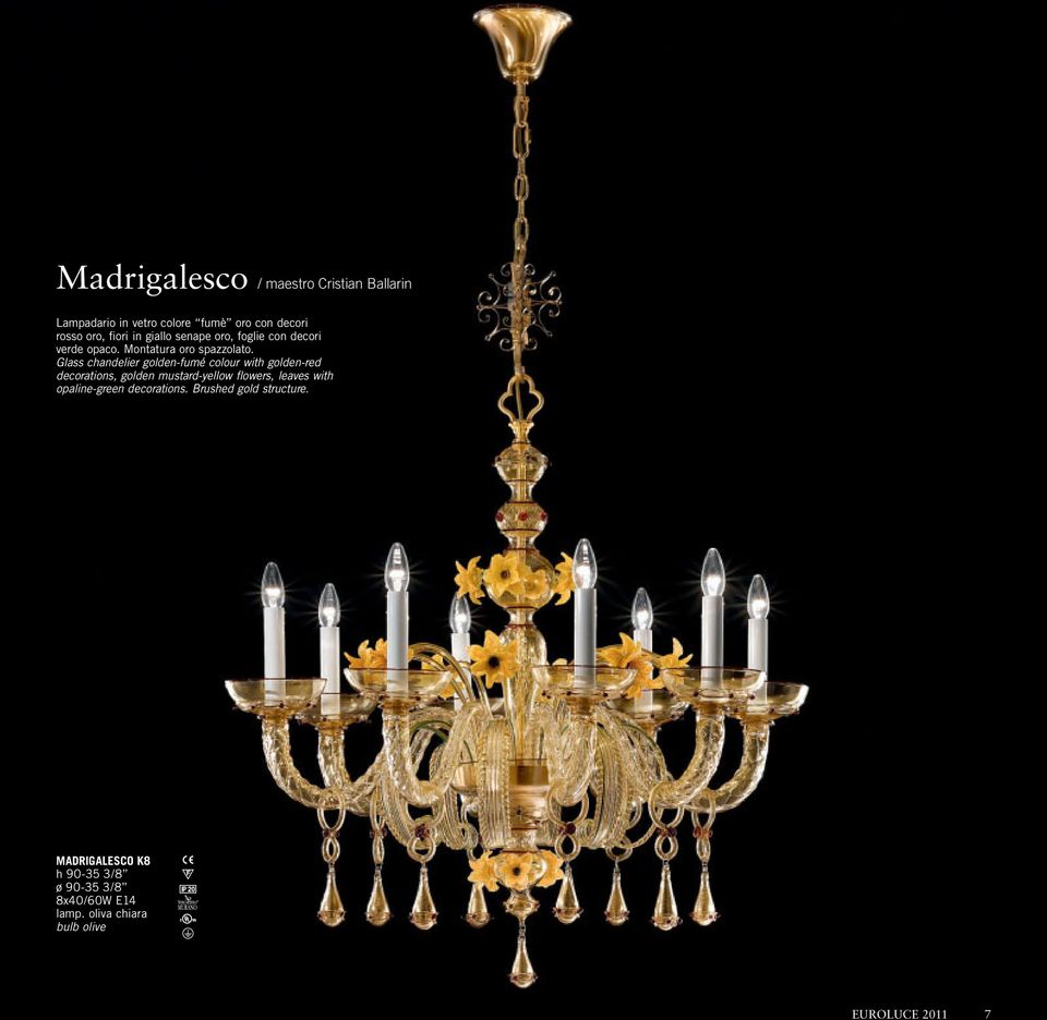 Glass chandelier golden-fumé colour with golden-red decorations, golden mustard-yellow flowers, leaves with