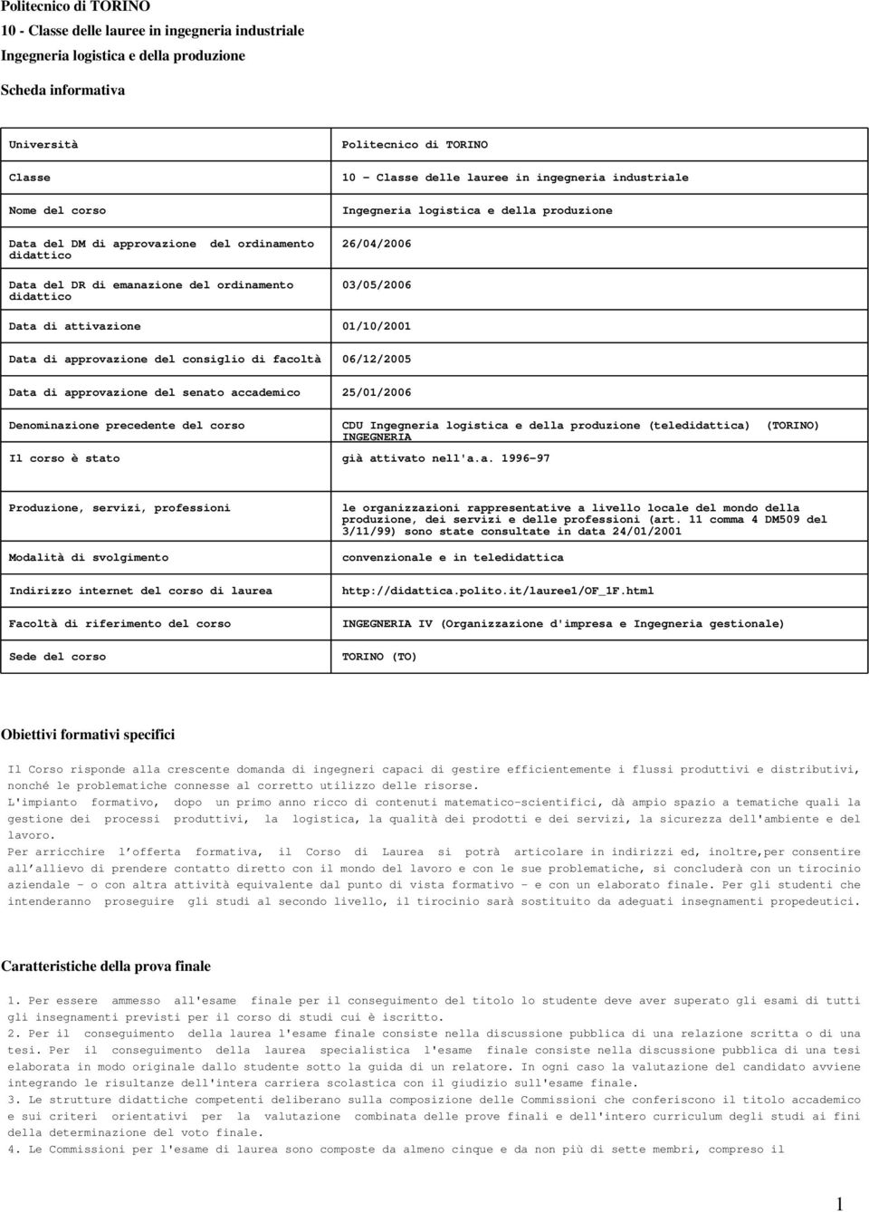 stato già attivato nell'a.a. 1996-97 CDU (teledidattica) (TORINO) INGEGNERIA Produzione, servizi, professioni Modalità di svolgimento Indirizzo internet del corso di laurea Facoltà di riferimento del