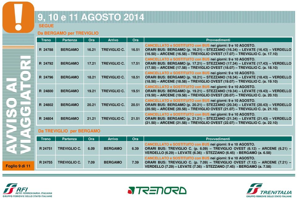 10) R 24796 BERGAMO 18.21 TREVIGLIO C. 18.51 ORARI BUS: BERGAMO (p. 18.21) STEZZANO (18.34) LEVATE (18.43) VERDELLO (18.50) ARCENE (18.58) TREVIGLIO OVEST (19.07) TREVIGLIO C. (a. 19.