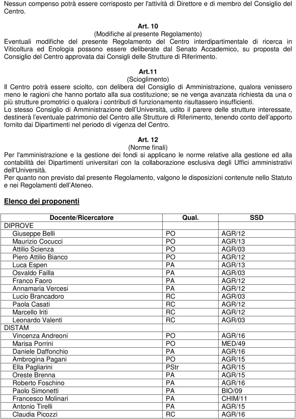 Accademico, su proposta del Consiglio del Centro approvata dai Consigli delle Strutture di Riferimento. Art.