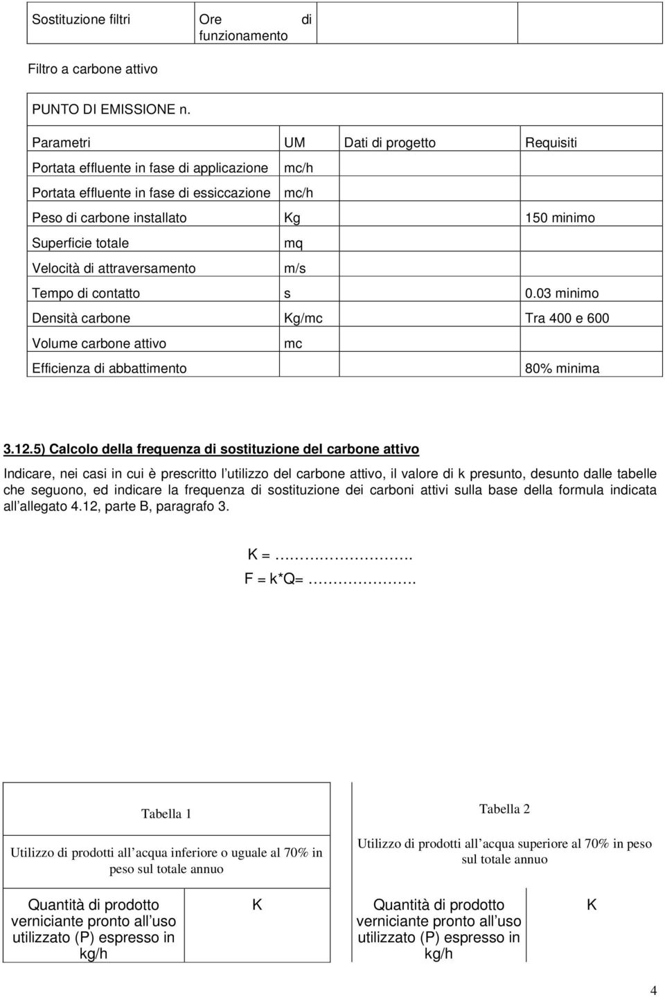 Velocità di attraversamento m/s Tempo di contatto s 0.03 minimo Densità carbone Kg/mc Tra 400 e 600 Volume carbone attivo mc Efficienza di abbattimento 80% minima 3.12.