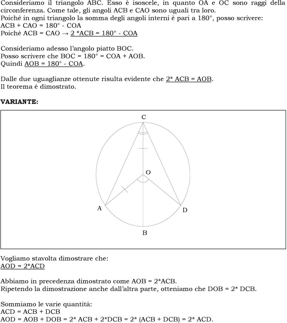 osso scrivere che O = 180 = O + O. Quindi O = 180 - O. alle due uguaglianze ottenute risulta evidente che 2* = O. Il teorema è dimostrato.