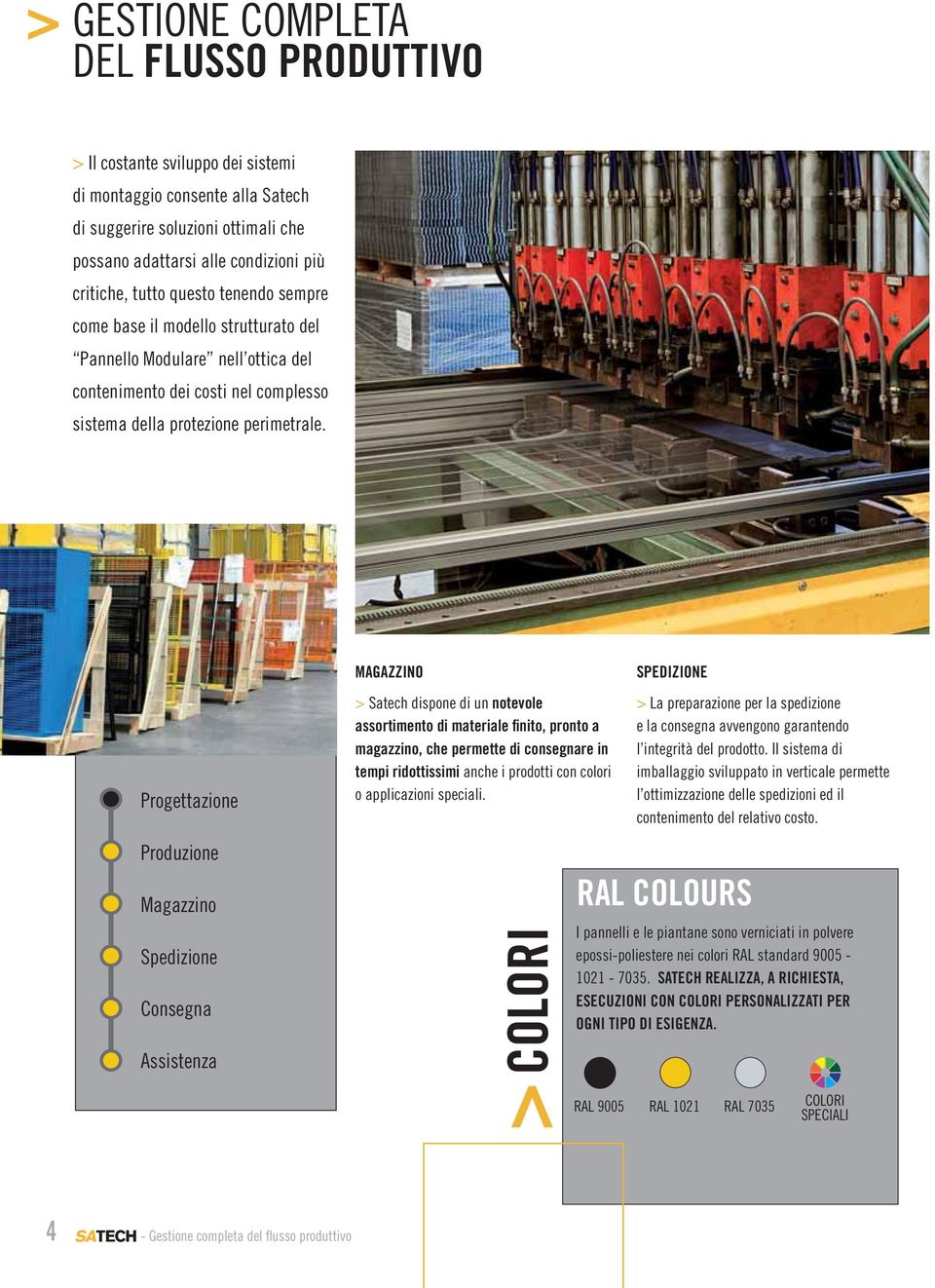 Progettazione Produzione Magazzino Spedizione Consegna Assistenza MAGAZZINO > Satech dispone di un notevole assortimento di materiale finito, pronto a magazzino, che permette di consegnare in tempi