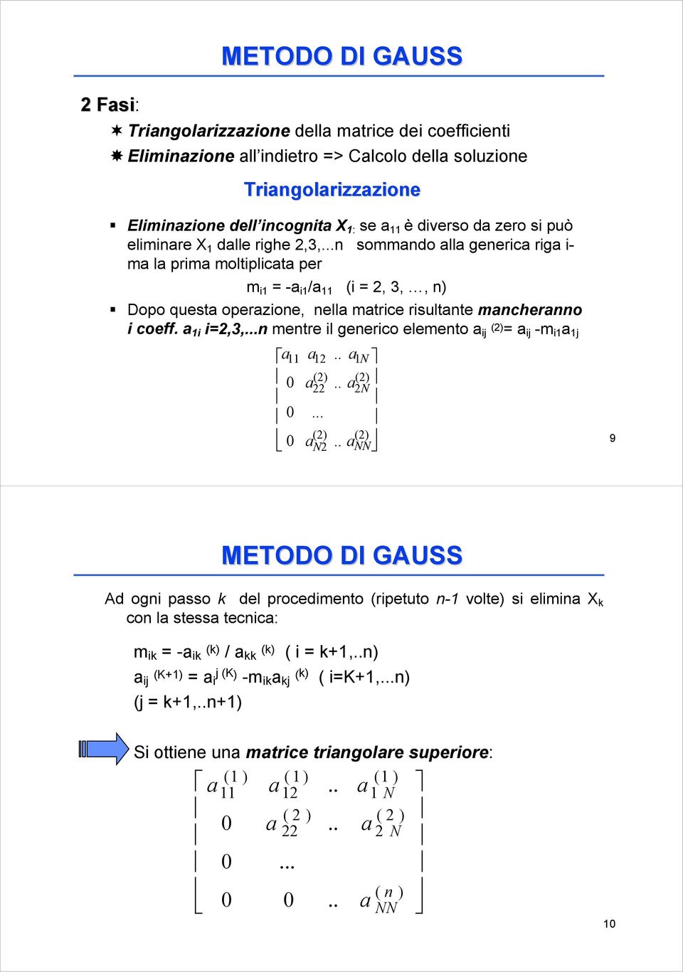 ..n sommando alla generica riga i- ma la prima moltiplicata per m i1 = -a i1 /a 11 (i = 2, 3,, n) Dopo questa operazione, nella matrice risultante mancheranno i coeff. a 1i i=2,3,.