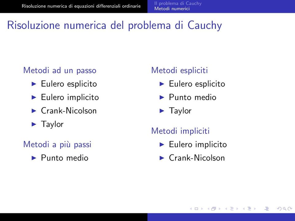 a più passi Punto medio Metodi espliciti Eulero esplicito