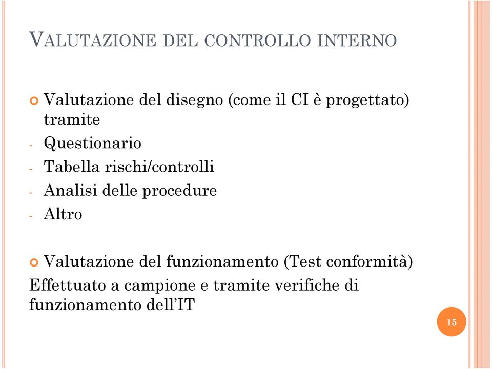 delle procedure - Altro Valutazione del funzionamento (Test conformità)