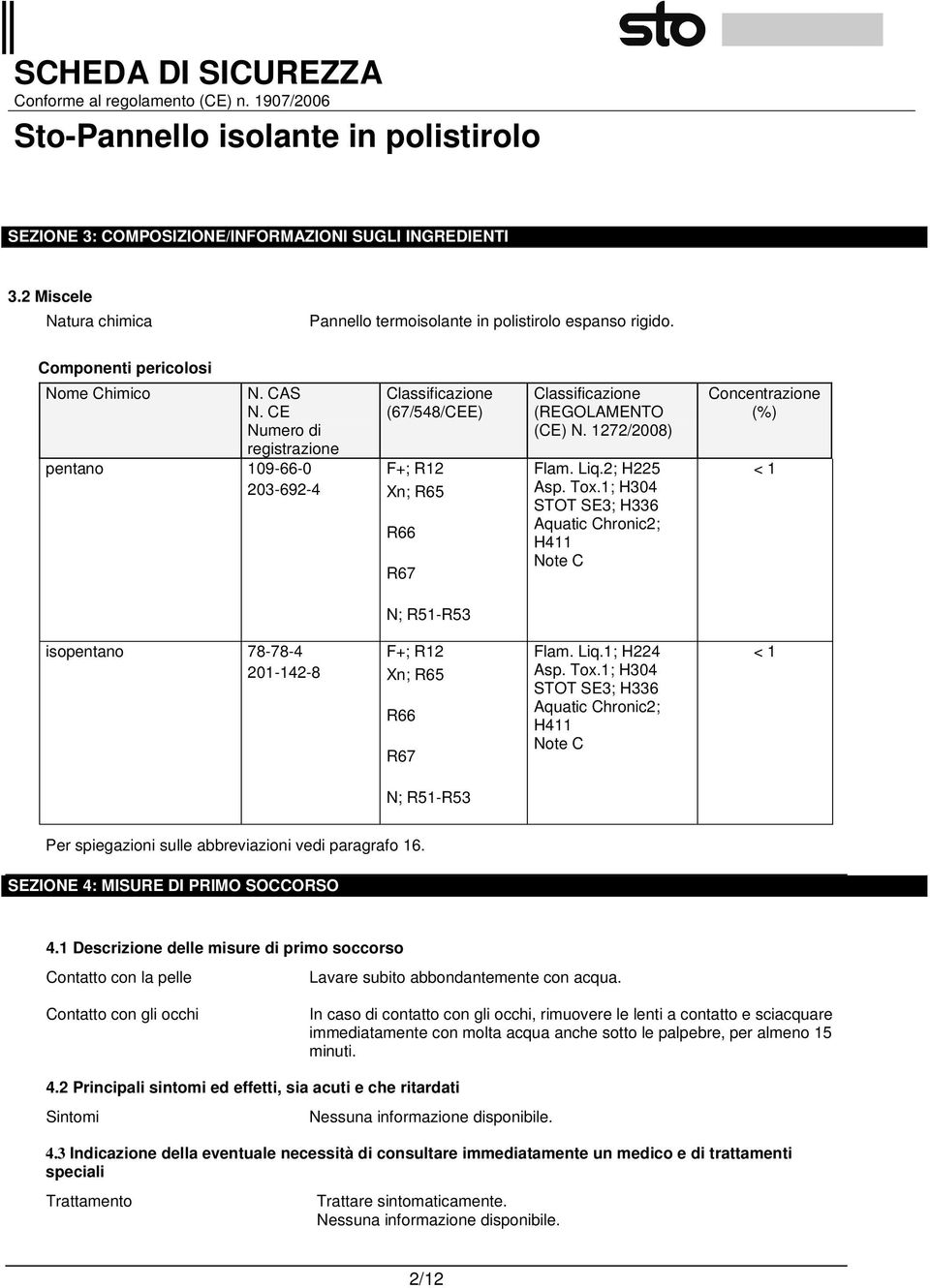 1; H304 STOT SE3; H336 Aquatic Chronic2; H411 Note C Concentrazione (%) < 1 N; R51-R53 isopentano 78-78-4 201-142-8 F+; R12 Xn; R65 R66 R67 Flam. Liq.1; H224 Asp. Tox.