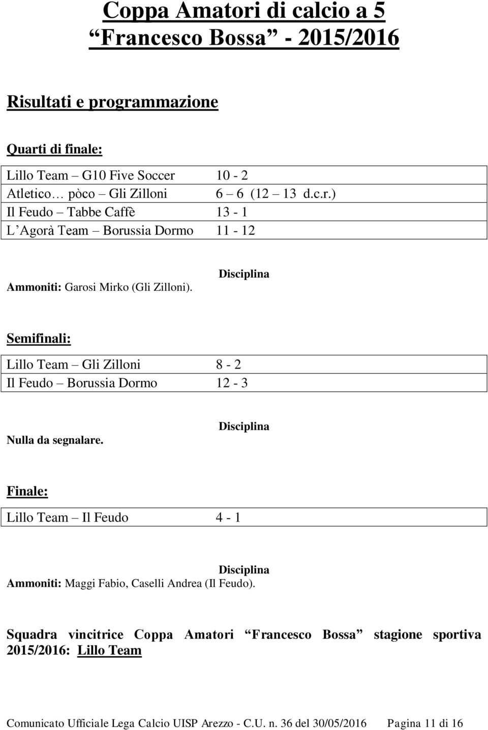 Disciplina Semifinali: Lillo Team Gli Zilloni 8-2 Il Feudo Borussia Dormo 12-3 Nulla da segnalare.