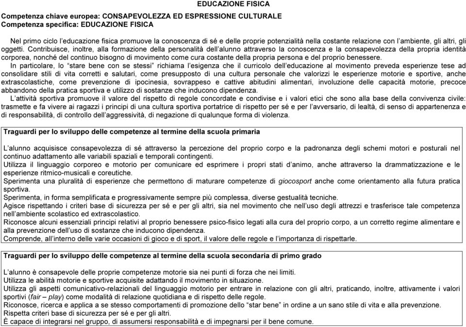 Contribuisce, inoltre, alla formazione della personalità dell alunno attraverso la conoscenza e la consapevolezza della propria identità corporea, nonché del continuo bisogno di movimento come cura