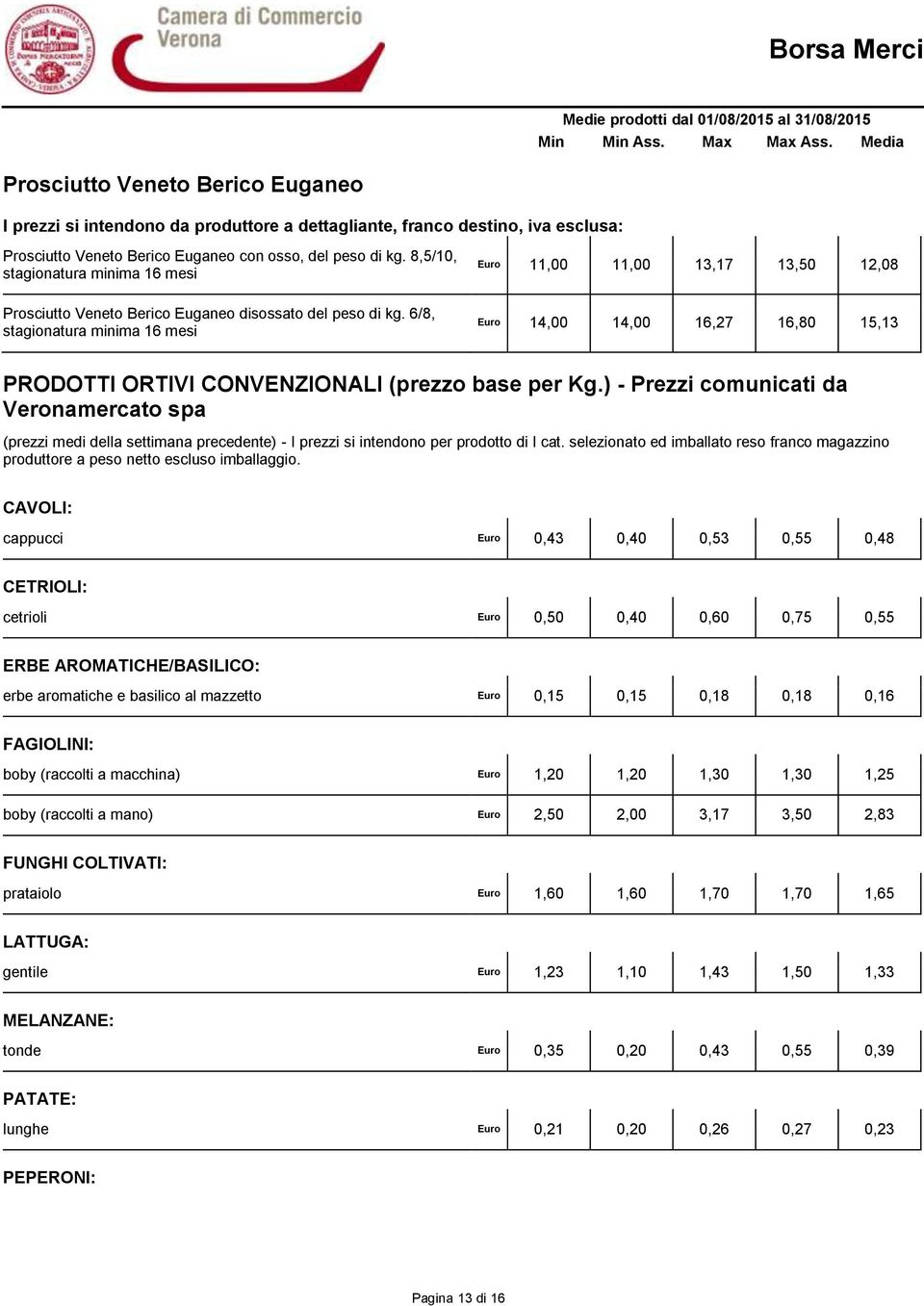 6/8, stagionatura minima 16 mesi Euro 11,00 11,00 13,17 13,50 12,08 Euro 14,00 14,00 16,27 16,80 15,13 PRODOTTI ORTIVI CONVENZIONALI (prezzo base per Kg.