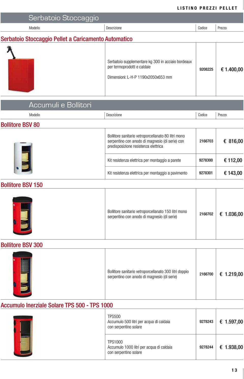 400,00 Bollitore BSV 80 Accumuli e Bollitori Modello Descrizione Codice Prezzo Bollitore sanitario vetroporcellanato 80 litri mono serpentino con anodo di magnesio (di serie) con predisposizione