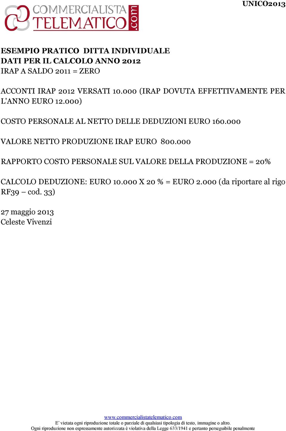 000) COSTO PERSONALE AL NETTO DELLE DEDUZIONI EURO 160.000 VALORE NETTO PRODUZIONE IRAP EURO 800.