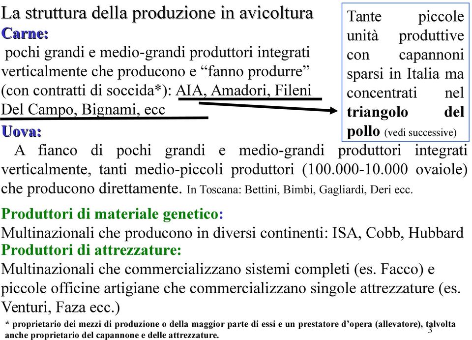 integrati verticalmente, tanti medio-piccoli produttori (100.000-10.000 ovaiole) che producono direttamente. In Toscana: Bettini, Bimbi, Gagliardi, Deri ecc.