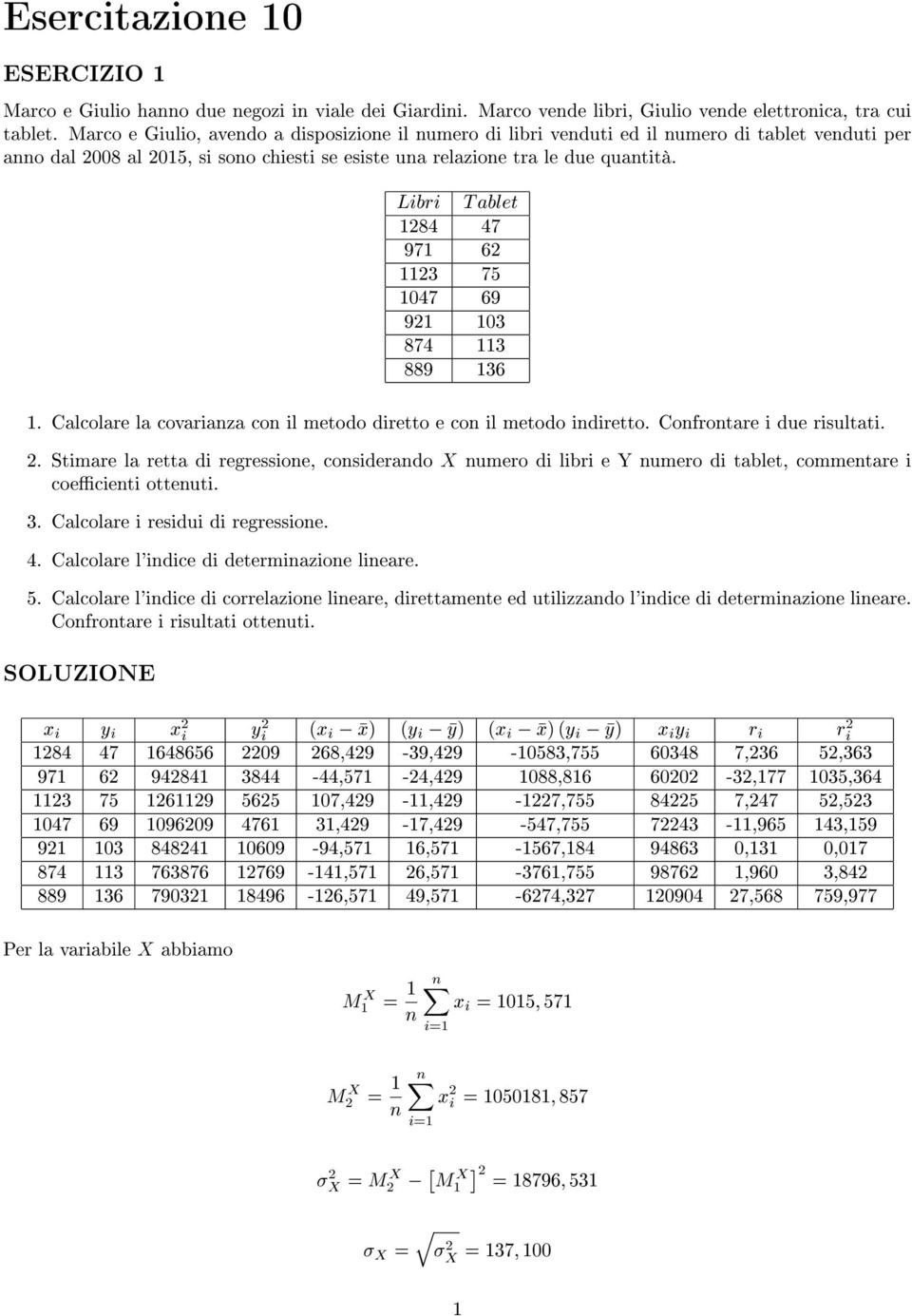 Libri T ablet 284 47 97 62 23 75 047 69 92 03 874 3 889 36. Calcolare la covariaza co il metodo diretto e co il metodo idiretto. Cofrotare i due risultati. 2. Stimare la retta di regressioe, cosiderado X umero di libri e Y umero di tablet, commetare i coecieti otteuti.