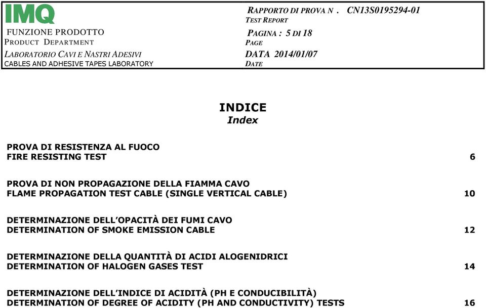 SMOKE EMISSION CABLE 12 DETERMINAZIONE DELLA QUANTITÀ DI ACIDI ALOGENIDRICI DETERMINATION OF HALOGEN GASES TEST 14