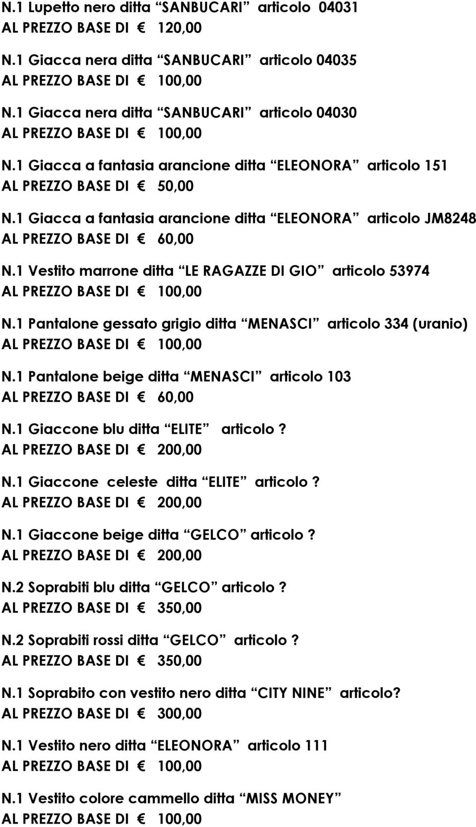 1 Pantalone gessato grigio ditta MENASCI articolo 334 (uranio) N.1 Pantalone beige ditta MENASCI articolo 103 N.1 Giaccone blu ditta ELITE articolo? N.1 Giaccone celeste ditta ELITE articolo? N.1 Giaccone beige ditta GELCO articolo?