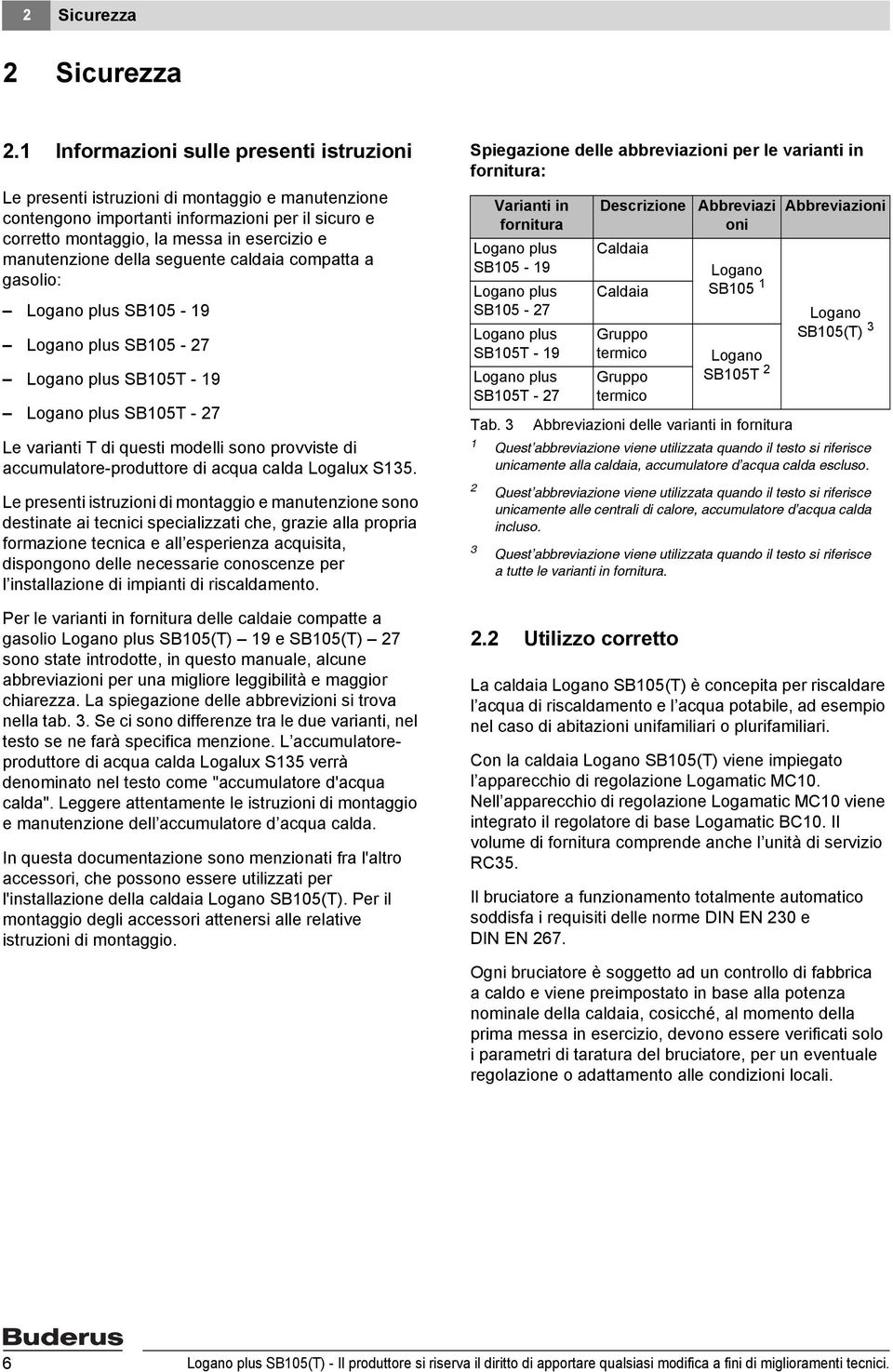 della seguente caldaia compatta a gasolio: Logano plus SB05-9 Logano plus SB05-7 Logano plus SB05T - 9 Logano plus SB05T - 7 Le varianti T di questi modelli sono provviste di accumulatore-produttore