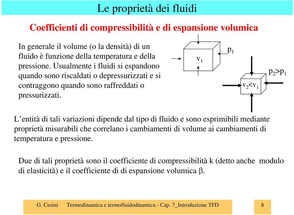 v 1 p 1 v 2 <v 1 p 2 >p 1 L enttà d tal varazon dpende dal tpo d fludo e sono esprmbl medante propretà msurabl che correlano cambament d volume a cambament d