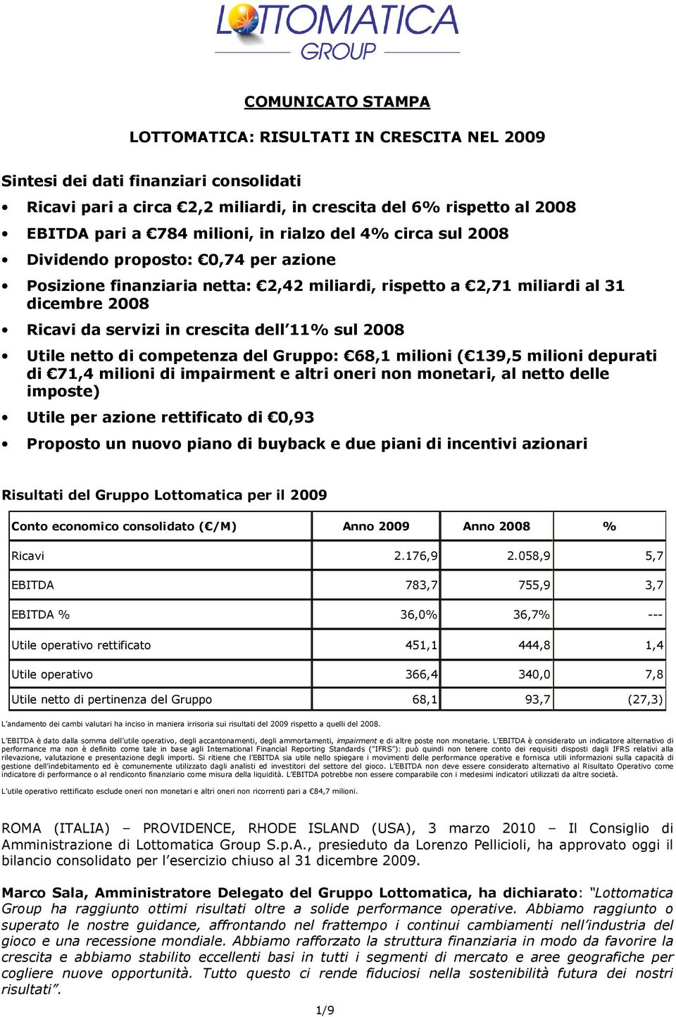 2008 Utile netto di competenza del Gruppo: 68,1 milioni ( 139,5 milioni depurati di 71,4 milioni di impairment e altri oneri non monetari, al netto delle imposte) Utile per azione rettificato di 0,93