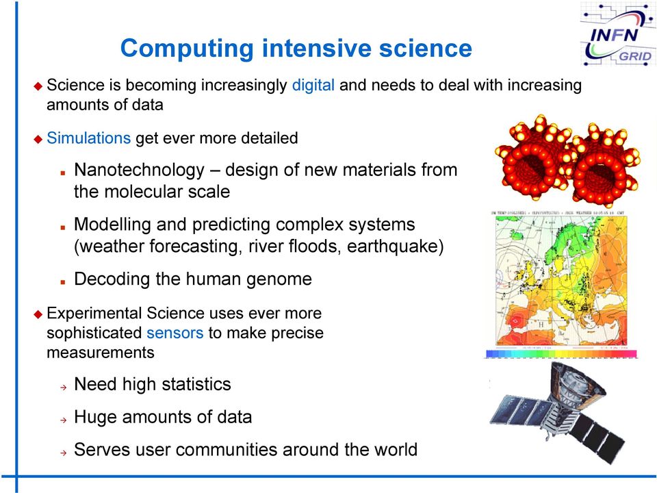 complex systems (weather forecasting, river floods, earthquake) Decoding the human genome Experimental Science uses ever more