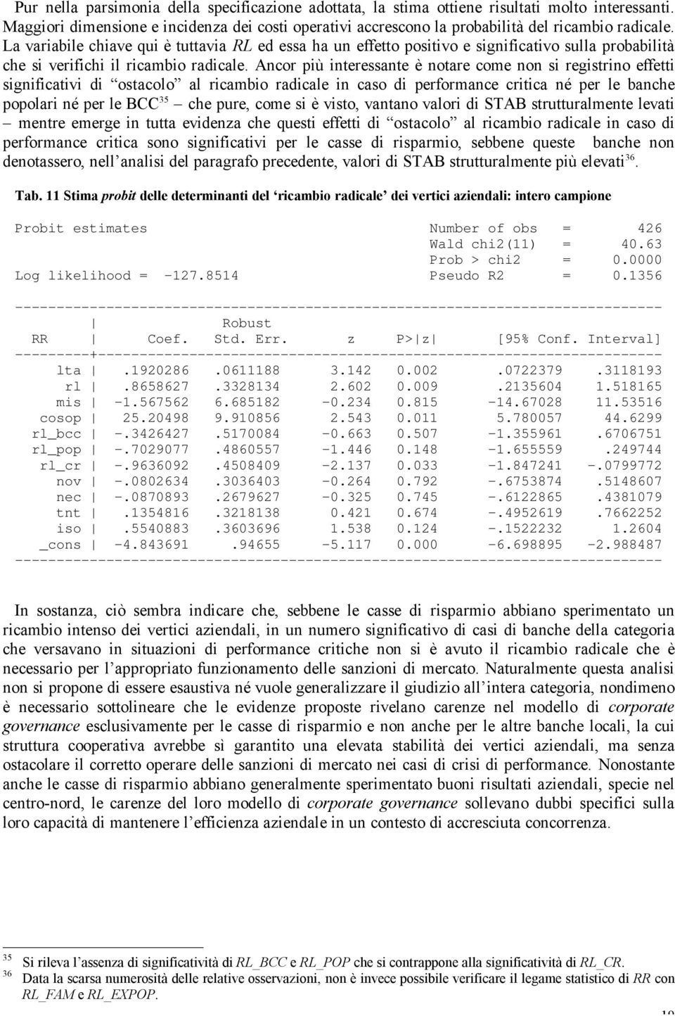 Ancor più interessante è notare come non si registrino effetti significativi di ostacolo al ricambio radicale in caso di performance critica né per le banche popolari né per le BCC 35 che pure, come