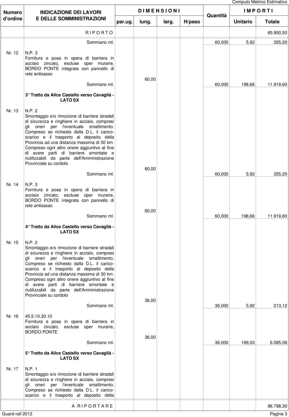 0 198,66 11.919,60 4 Tratto da Alice Castello verso Cavaglià - Nr. 15 N.P. 2 36,00 Sommano ml. 36,000 5,92 213,12 Nr. 16 45.5.10.30.