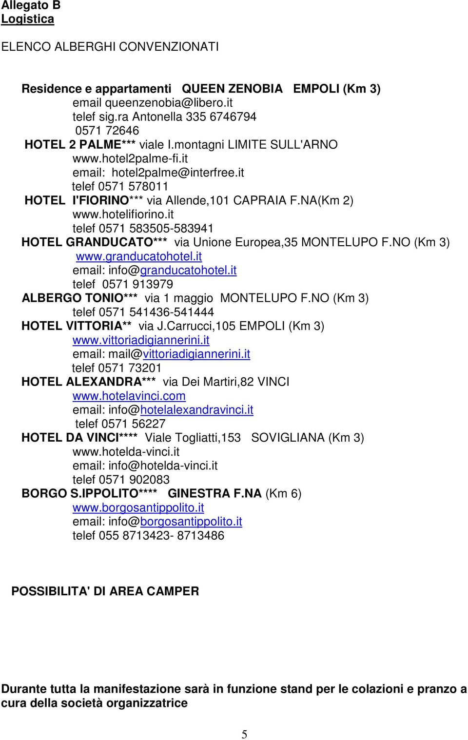 it telef 0571 578011 HOTEL I'FIORINO*** via Allende,101 CAPRAIA F.NA(Km 2) www.hotelifiorino.it telef 0571 583505-583941 HOTEL GRANDUCATO*** via Unione Europea,35 MONTELUPO F.NO (Km 3) www.
