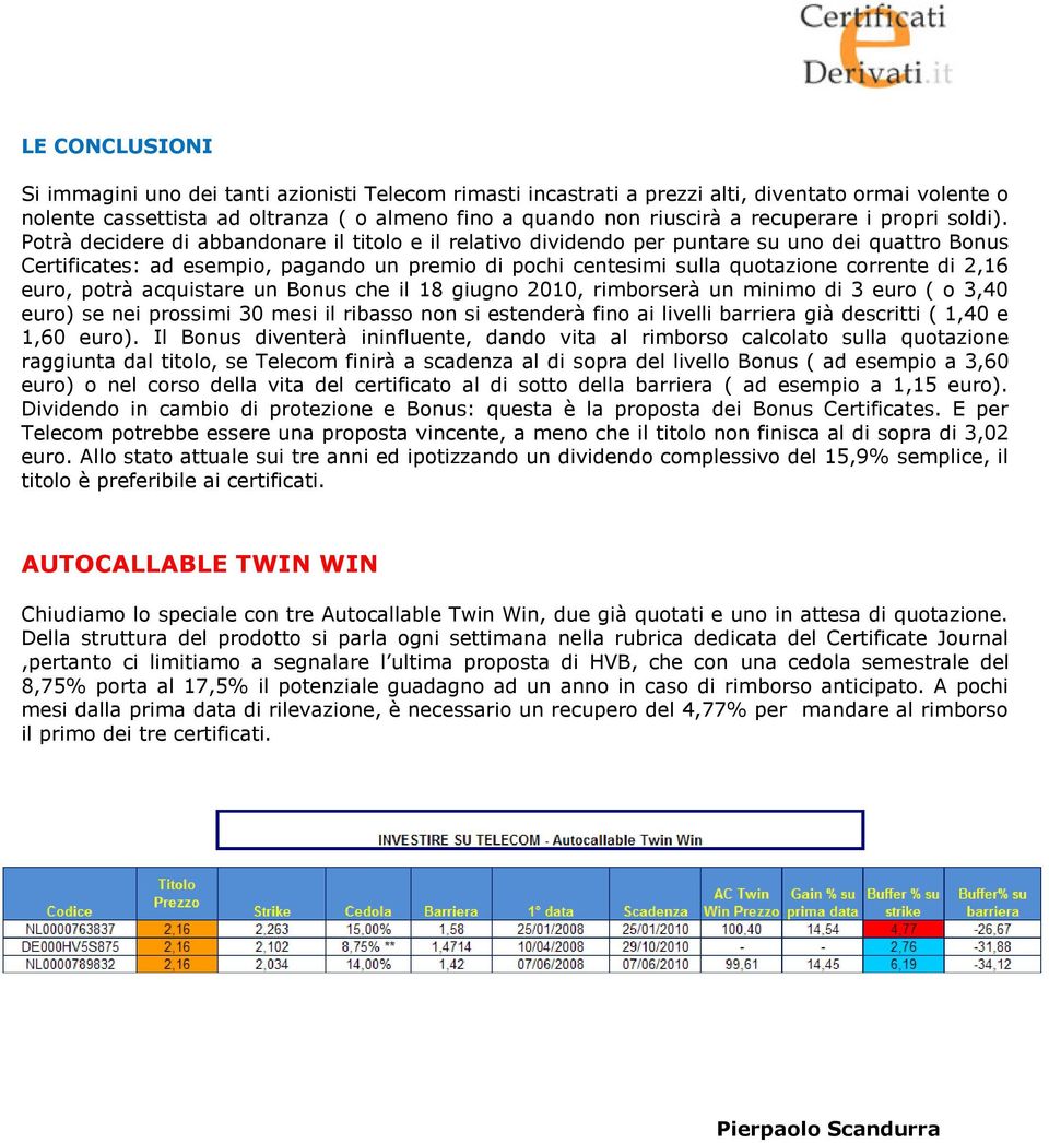 Potrà decidere di abbandonare il titolo e il relativo dividendo per puntare su uno dei quattro Bonus Certificates: ad esempio, pagando un premio di pochi centesimi sulla quotazione corrente di 2,16