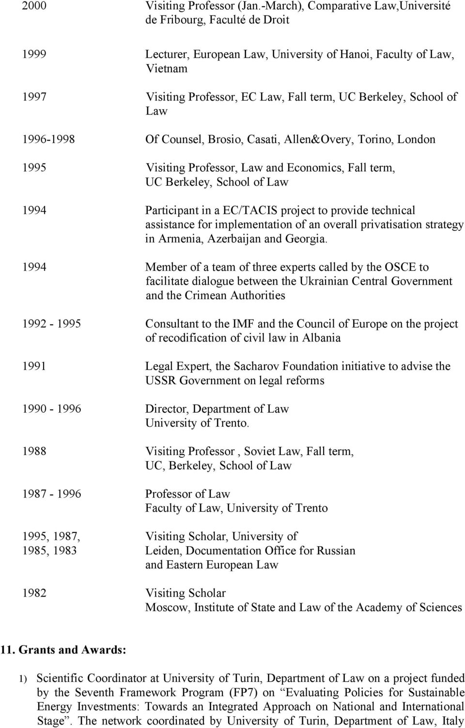 School of Law 1996-1998 Of Counsel, Brosio, Casati, Allen&Overy, Torino, London 1995 Visiting Professor, Law and Economics, Fall term, UC Berkeley, School of Law 1994 Participant in a EC/TACIS