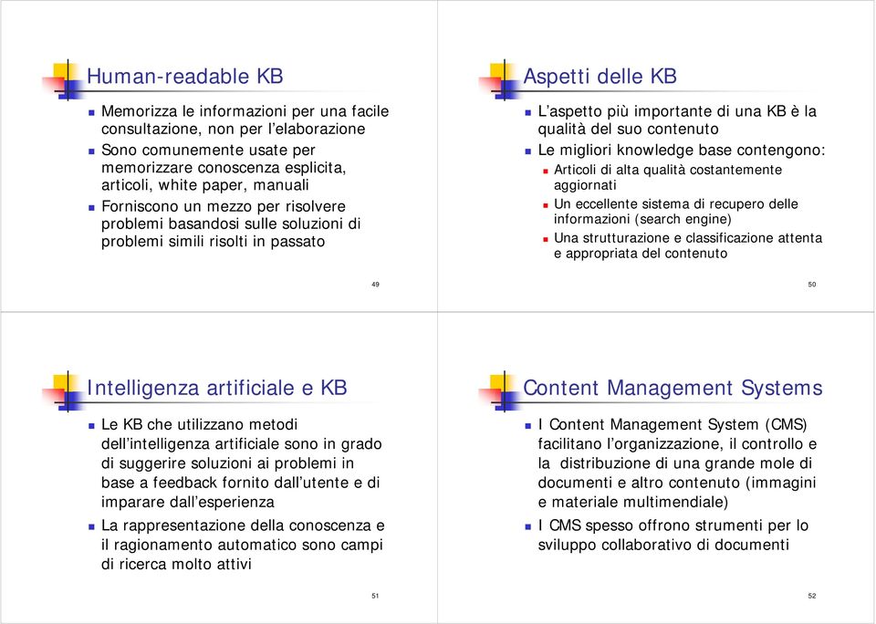 knowledge base contengono: Articoli di alta qualità costantemente aggiornati Un eccellente sistema di recupero delle informazioni (search engine) Una strutturazione e classificazione attenta e