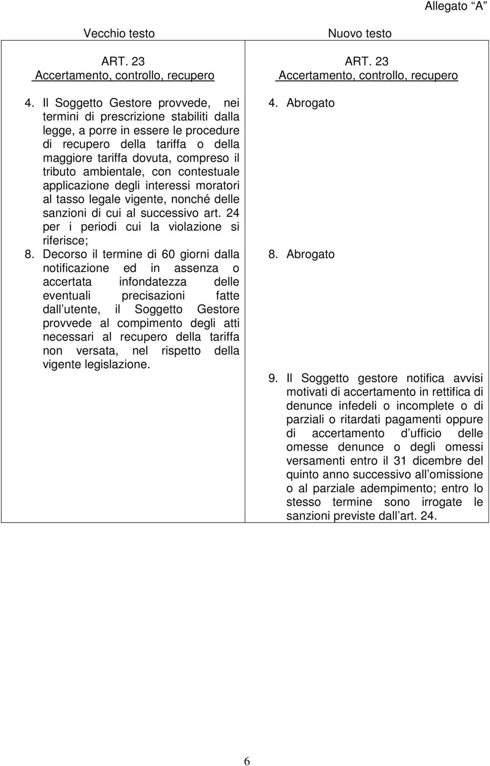 ambientale, con contestuale applicazione degli interessi moratori al tasso legale vigente, nonché delle sanzioni di cui al successivo art. 24 per i periodi cui la violazione si riferisce; 8.