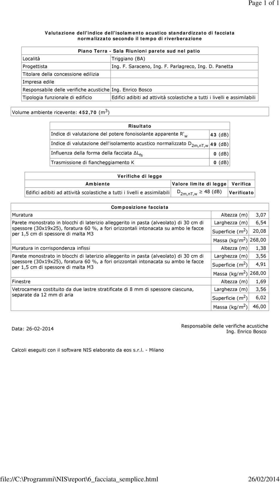 monostrato in blocchi di laterizio alleggerito in pasta (alveolato) di 30 cm di Larghezza (m) 6,54 spessore (30x19x25), foratura 60 %, a fori orizzontali intonacata su ambo le facce per 1,5 cm di