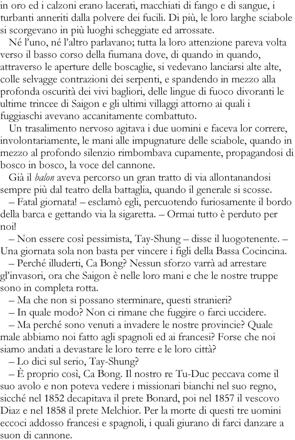 alte, colle selvagge contrazioni dei serpenti, e spandendo in mezzo alla profonda oscurità dei vivi bagliori, delle lingue di fuoco divoranti le ultime trincee di Saigon e gli ultimi villaggi attorno