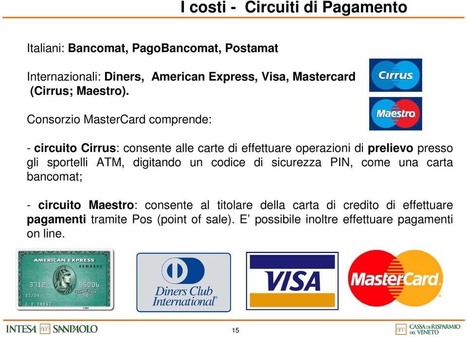 Consorzio MasterCard comprende: - circuito Cirrus: consente alle carte di effettuare operazioni di prelievo presso gli sportelli