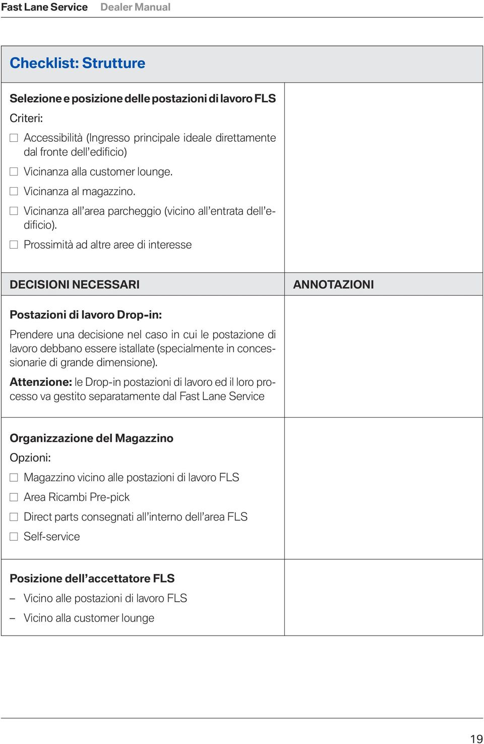 Prossimità ad altre aree di interesse DECISIONI NECESSARI ANNOTAZIONI Postazioni di lavoro Drop-in: Prendere una decisione nel caso in cui le postazione di lavoro debbano essere istallate