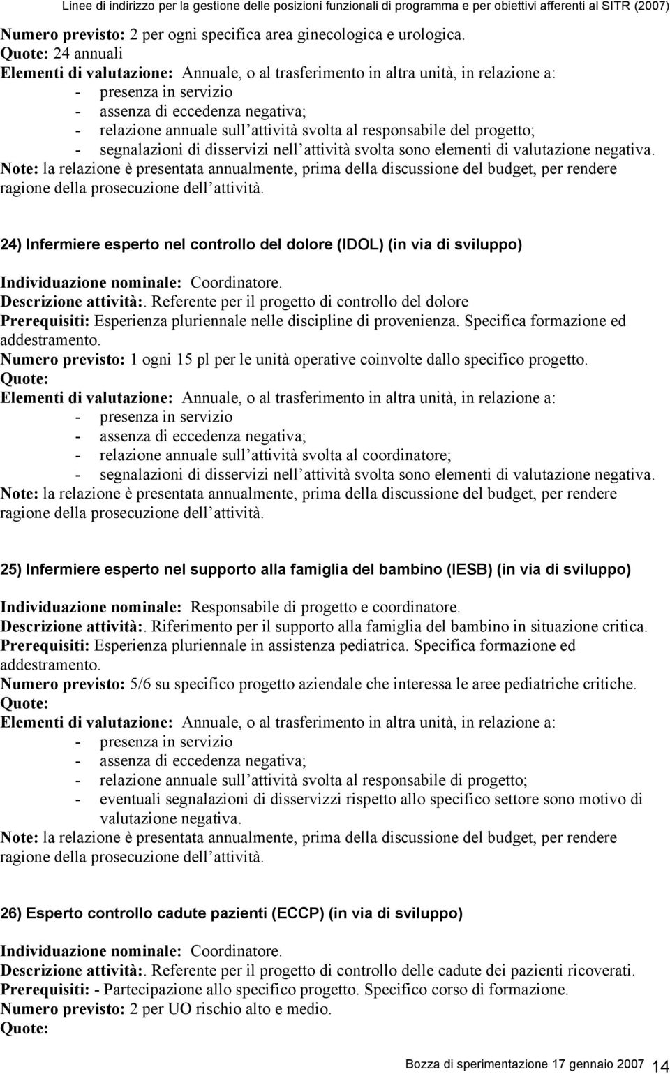 Coordinatore. Descrizione attività:. Referente per il progetto di controllo del dolore Prerequisiti: Esperienza pluriennale nelle discipline di provenienza. Specifica formazione ed addestramento.