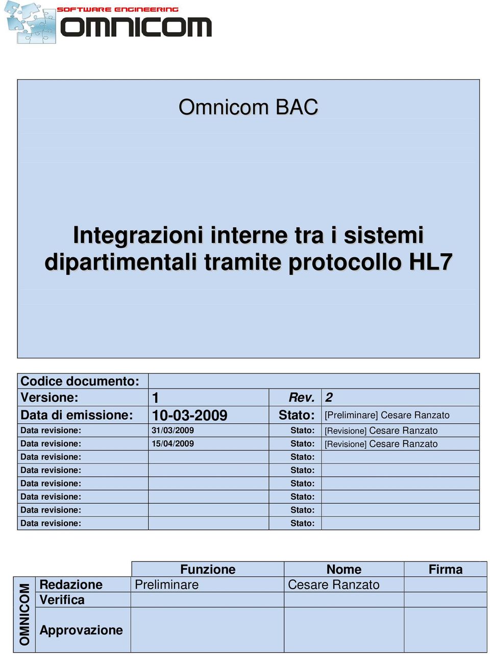 revisione: 15/04/2009 Stato: [Revisione] Cesare Ranzato Data revisione: Data revisione: Data revisione: Data revisione: Data