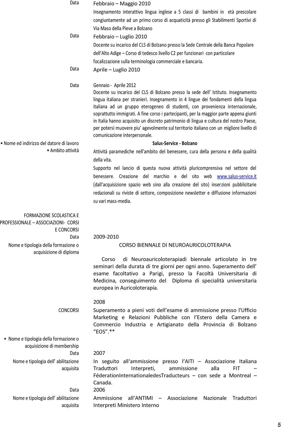 particolare focalizzazione sulla terminologia commerciale e bancaria. Data Aprile Luglio 2010 Data Gennaio - Aprile 2012 Docente su incarico del CLS di Bolzano presso la sede dell Istituto.