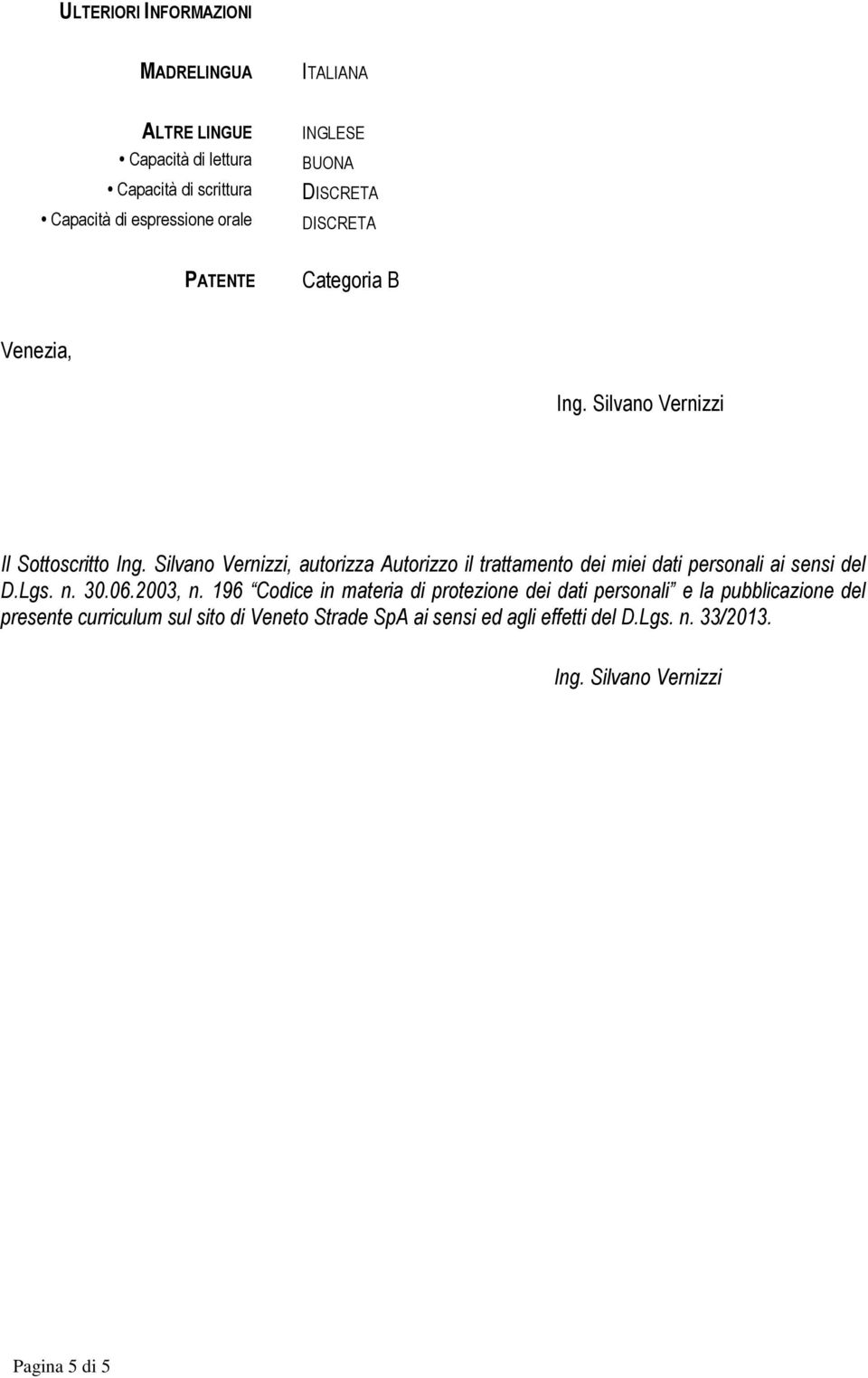 Silvano Vernizzi, autorizza Autorizzo il trattamento dei miei dati personali ai sensi del D.Lgs. n. 30.06.2003, n.