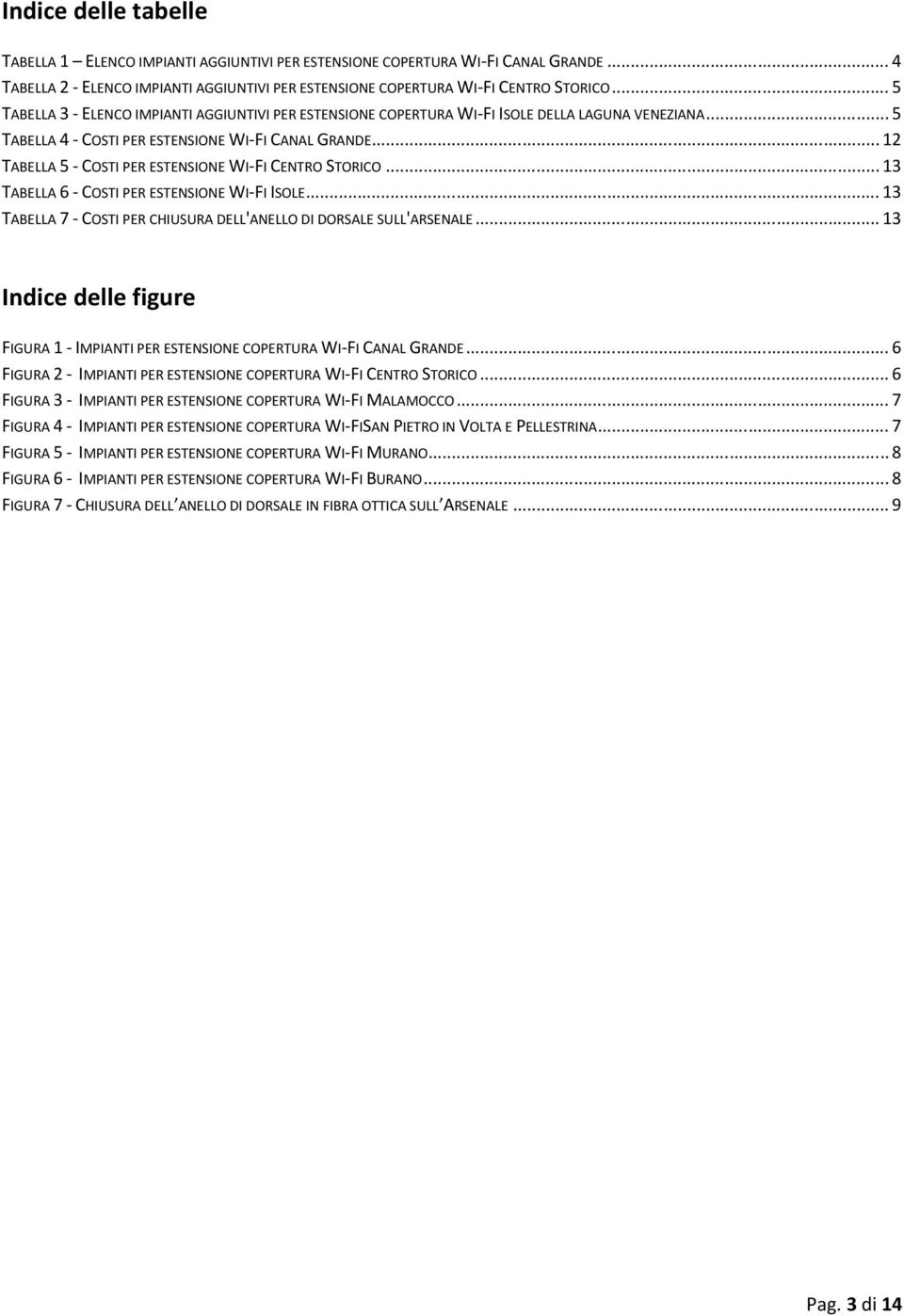 .. 12 TABELLA 5 - COSTI PER ESTENSIONE WI-FI CENTRO STORICO... 13 TABELLA 6 - COSTI PER ESTENSIONE WI-FI ISOLE... 13 TABELLA 7 - COSTI PER CHIUSURA DELL'ANELLO DI DORSALE SULL'ARSENALE.