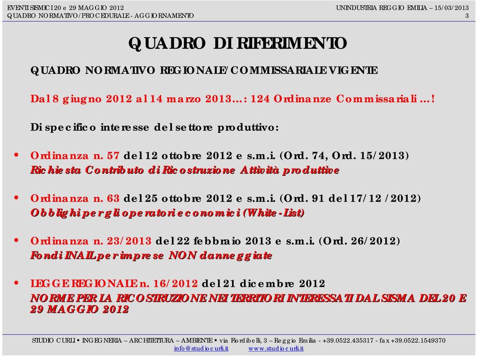 15/2013) Richiesta Contributo di Ricostruzione Attività produttive Ordinanza n. 63 del 25 ottobre 2012 e s.m.i. (Ord.